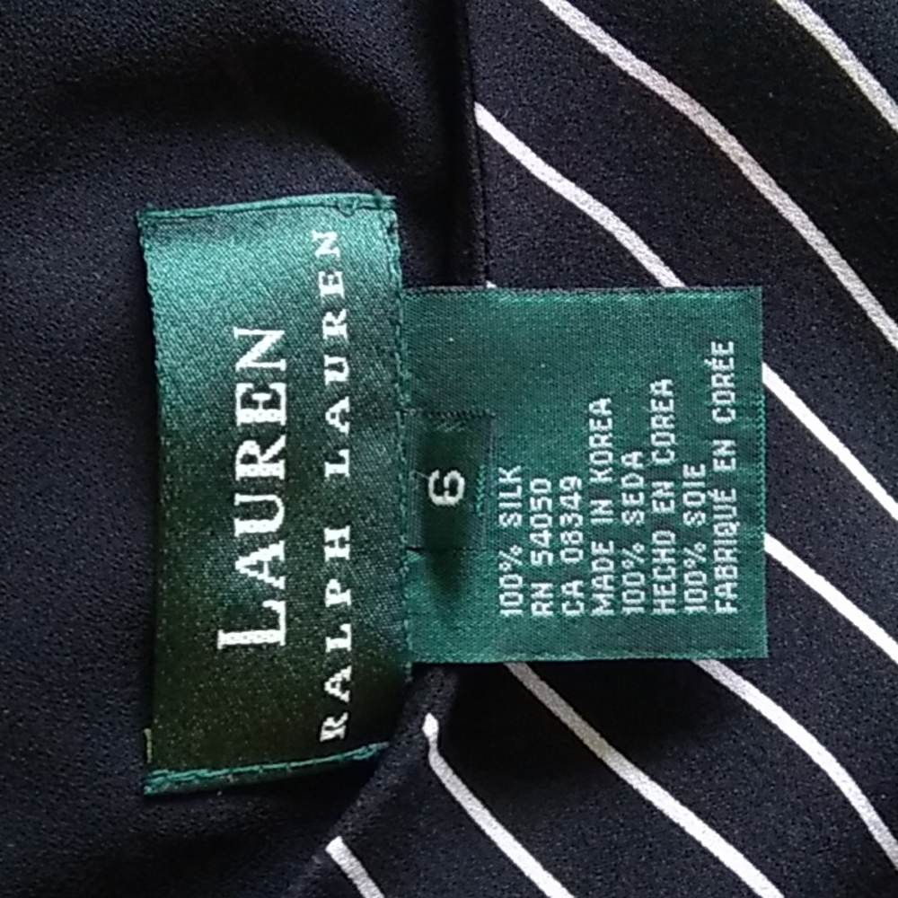 Vintage Ralph Lauren 100 % silk dress with lining, size 6, black & ivory stripes